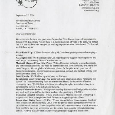 Letter to Governor Rick Perry from director of Texas disabilities right organizations on matters of importance to them