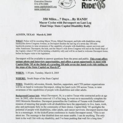 News release announcing Capitol Ride '05 to feature ex-polio patient Mikail Davenport and Austin Mayor Wil Winn.