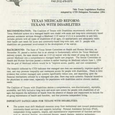 Coalition of Texans with Disabilities 1994 Texas Medicaid Reform Recommendations