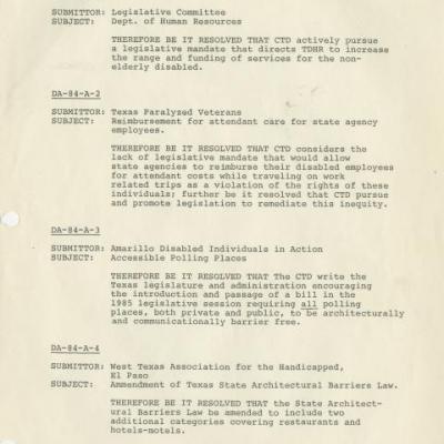 Resolutions presented at the 1984 Delegate Assembly of the Coalition of Texans with Disabilities