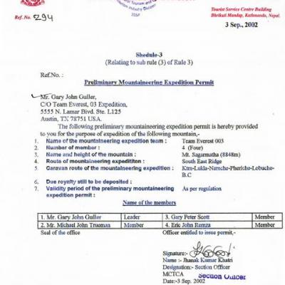 Permit issued by the Ministry of Culture, Tourism & Civil Aviation in Nepal to Team Everest 03 to climb Mt. Sagarmatha (Everest)