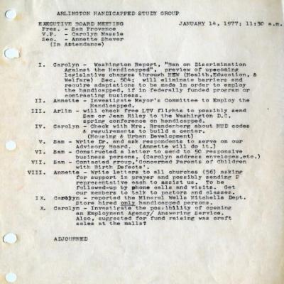 The Arlington Handicapped Study Group Meeting Executive Board meeting minutes, January 14, 1977 