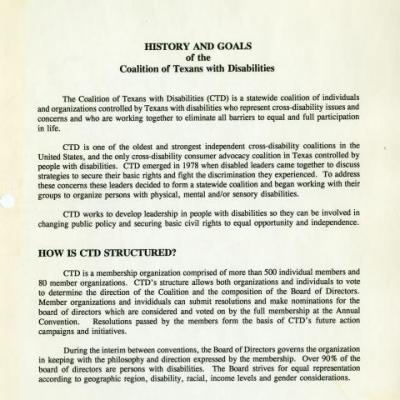 History and goals document of the Coalition of Texans with Disabilities created between 1993 and 1994.