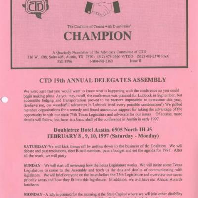 Champion, a quarterly newsletter of the Advocacy Committee of the C. T. D., Fall 1996