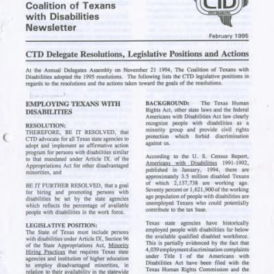 Coalition of Texans with Disabilities newsletter, February 1995 