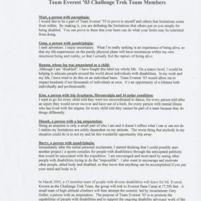 What They Have to Say: Team Everest ' 03 Challenge Trek Team Members