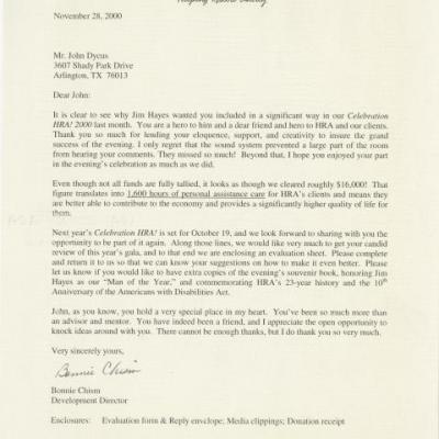 Letter from Bonnie Chism, H. R. A. Development Director, to John Dycus