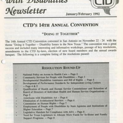 Coalition of Texans with Disabilities newsletter, January/February 1992