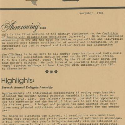 Coalition of Texans with Disabilities newsletter, November 1984