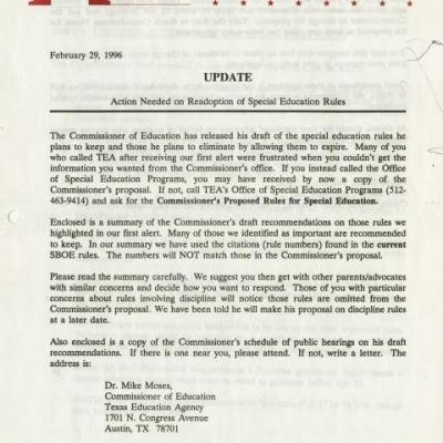 The Arc of Texas action alert newsletter/press release, February 29, 1996