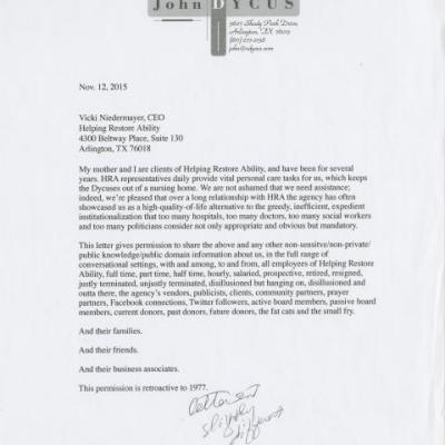 Letter from the Dycus Family to Helping Restore Ability