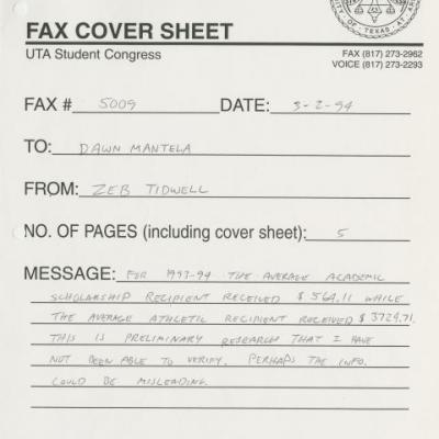 Fax cover sheet for fax sent to Dawn Mantela from Zeb Tidwell