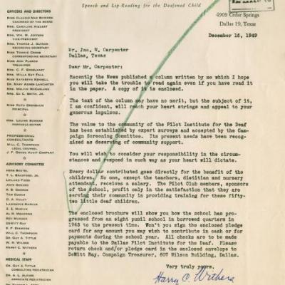 Letter from Harry Withers to John W. Carpenter asking for donations to the Dallas Pilot Institute for the Deaf
