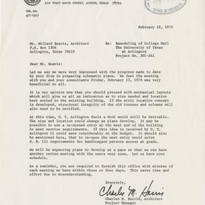 Letter from Charles. M. Harris to Willard re: remodeling of College Hall