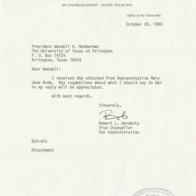 Letter from Robert Hardesty to Wendell Nedderman re: Mary Jane Bode letter