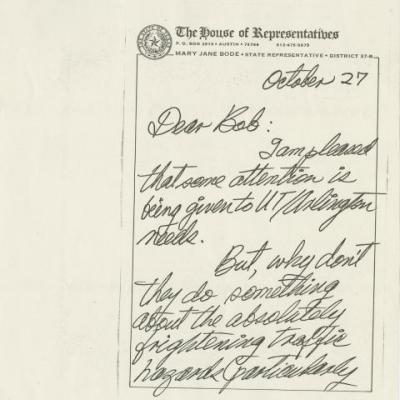 Handwritten Letter from Mary Jane Bode to Robert Hardesty re: Cooper Street problems in Arlington, Texas