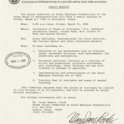 Notice of Public Hearing from the Texas House Committee on State Employee Productivity