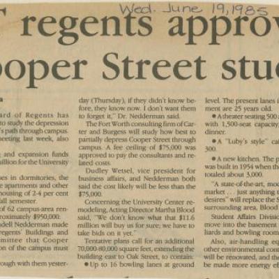 Shorthorn article on the University of Texas Regents approval to conduct a study of Cooper Street
