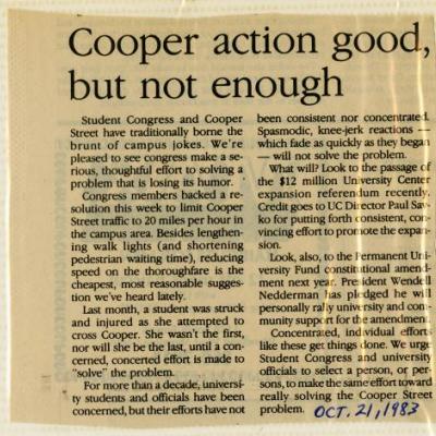 Cooper action good,but not enough, Shorthorn article about ongoing problems with Cooper Street, 1983-10-21