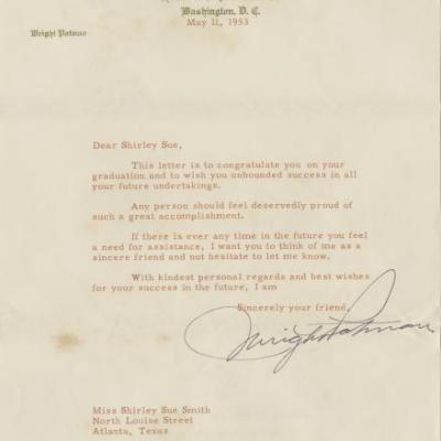 Shirley Sue Smith correspondence from Congressman Wright Patman