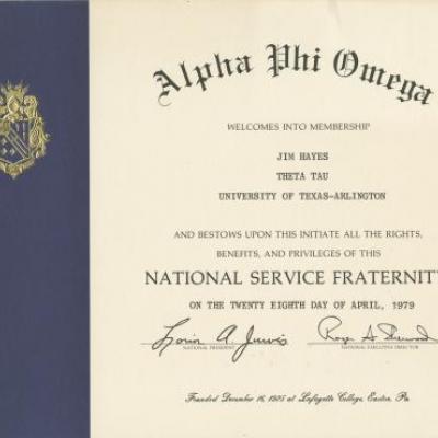 Certificate issued to Jim Hayes upon his acceptance as a member of Alpha Phi Omega