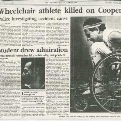 Newspaper clipping: Wheelchair athlete killed on Cooper