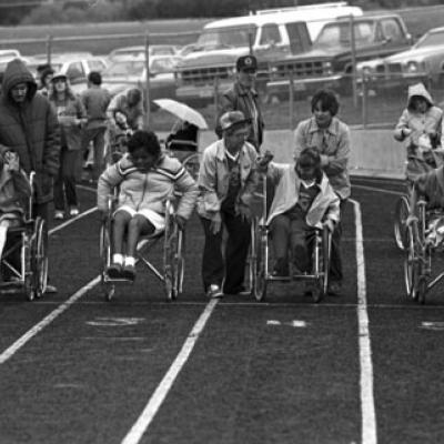 a wheelchair race prepares to begin