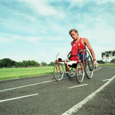 Robbie Harville on the track in his wheelchair