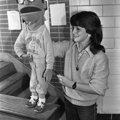 Bridget Eichenberg holds "Renaldo," a blind puppet