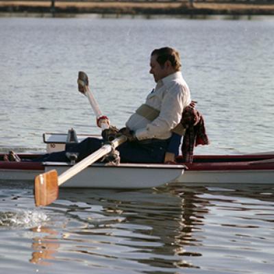 Rocky Giesecke of Hurst, a paraplegic, rows in a specially designed boat
