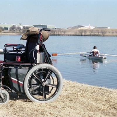 Nathan Ramsey, a paraplegic, rows in a specially designed boat