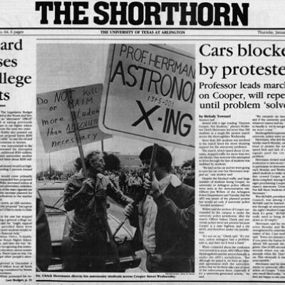 Article and headline from University of Texas at Arlington newspaper, The Shorthorn
