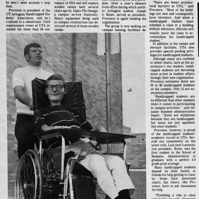 UTA newspaper Shorthorn; Sam Provence in wheelchair