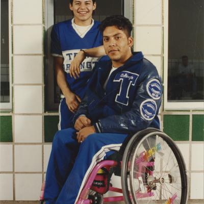 Color photograph of University of Texas at Arlington Movin' Mavs basketball players Willie Hernandez and Jesus Alamillo