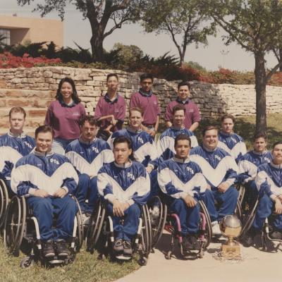 Members of the University of Texas at Arlington's Movin' Mavs men's wheelchair basketball team